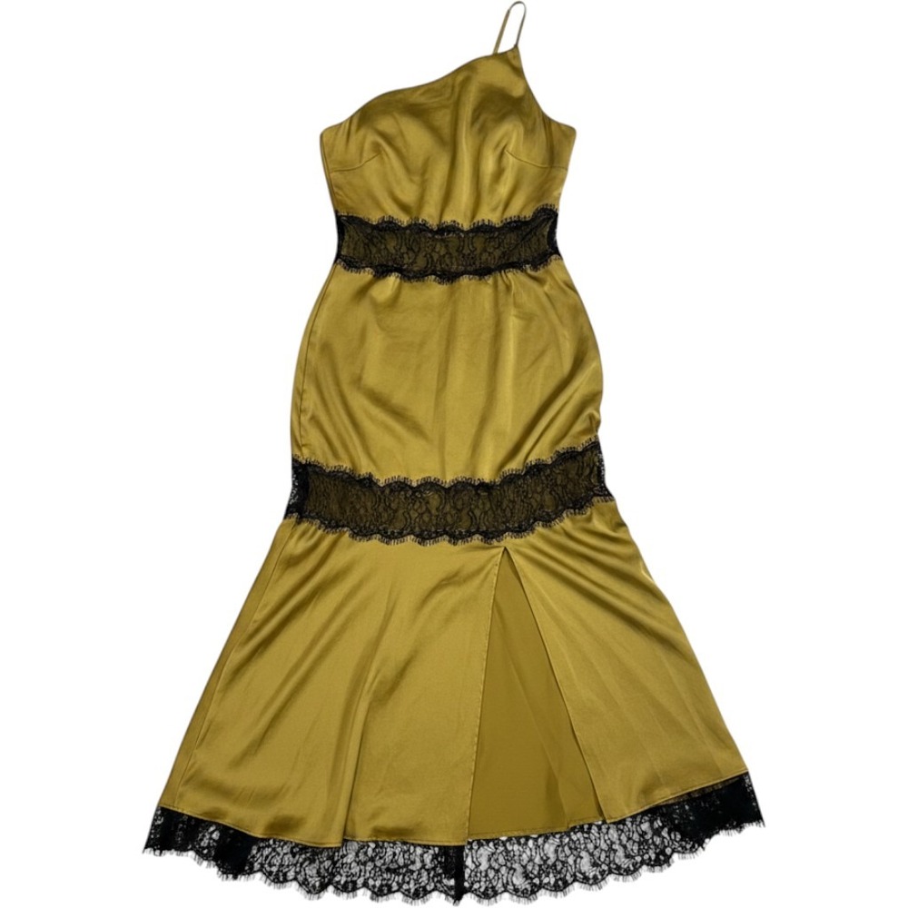 Zara Dress Large Mustard Yellow Black Lace Trim Spring Wedding Guest Satin